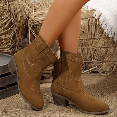 Stivali da Cowboy Western in Finta Pelle Scamosciata Retrò Donna 2025 Autunno Punta Acuta Tacco Alto Stivaletti Alla Caviglia Donna Ricamo Stivaletti con Tacco Spesso