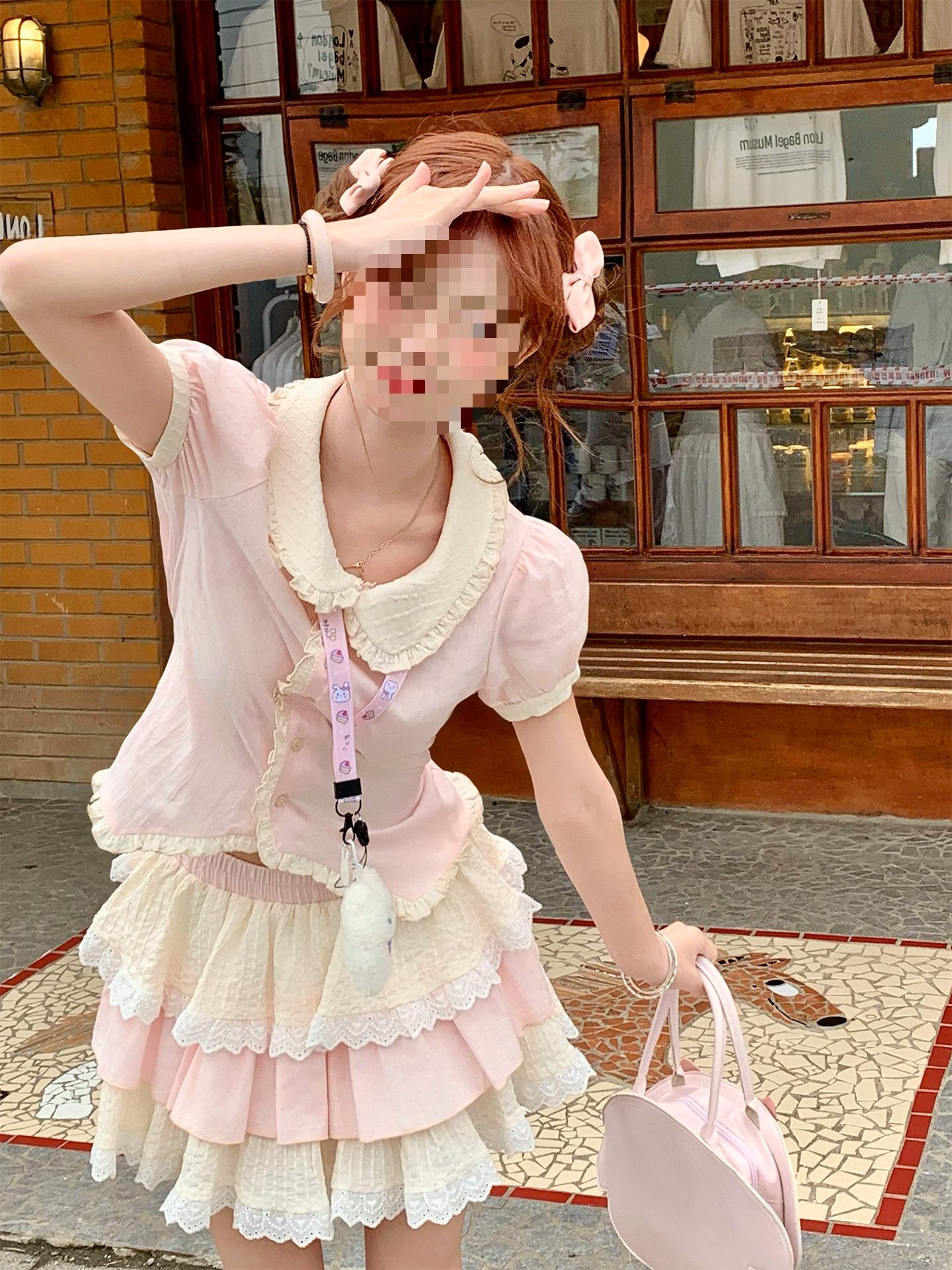 

Sinsingirl 2025 Summer Set: Pink Contrast Shirt & Milky Yellow Skirt S