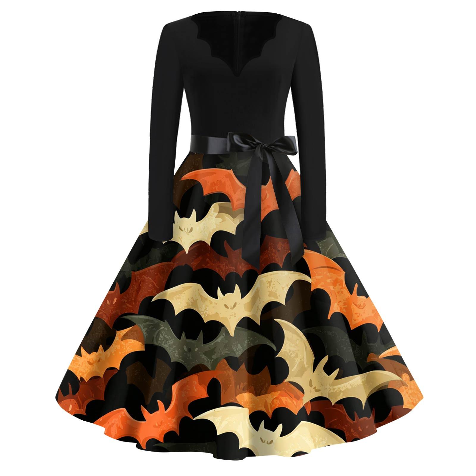 

Женская мода с v-образным вырезом, повседневные тонкие платья с длинными рукавами и принтом на Хэллоуин XL