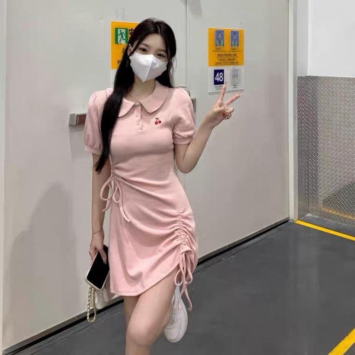 

Kumikumi small age reduction POLO collar short-sleeved dress women s summer waist A-shaped skirt drawstring short skirt XL рожевий