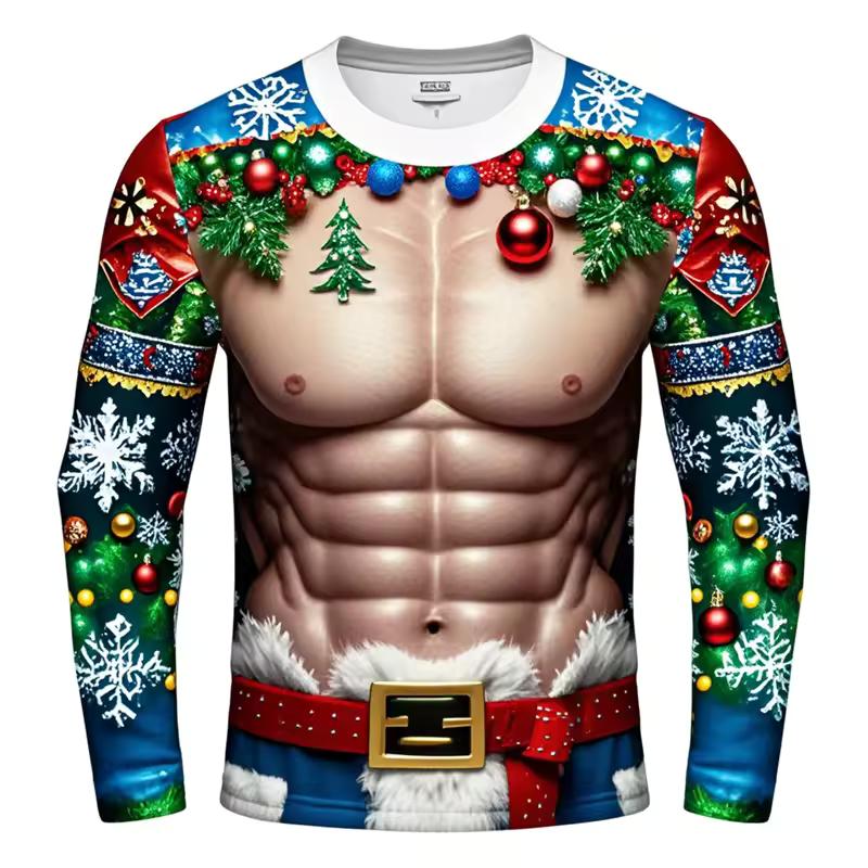 Funny Ugly Santa Claus Fake Muscles 3D Print T-shirts Xmas Men Women Long Sleeve Tees Fashion Oversized Christmas Men's Clothing