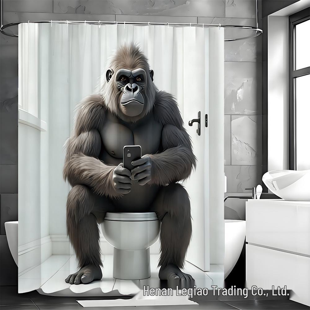Gorilla Pattern Bathroom Set: Shower Curtain, Non-slip Bath Mat, Toilet Lid Mat, 12 Hooks.