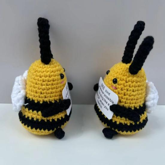 Positive Crochet Bee Doll with Encouraging Card Emotional Support Handmade Knitting Honeybee Animal Toy Decoration Ornament Kids Adults Birthday Gift