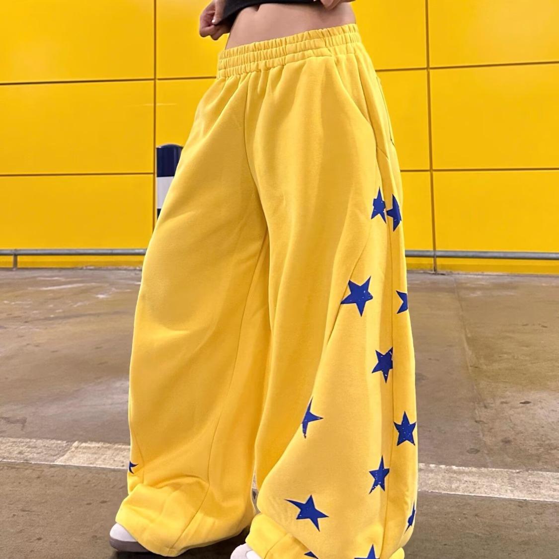 

High-Waist Star Print Wide-Leg Pants for Women - American Style, Casual, Slim Fit, Spring & Autumn Fashion Large жёлтый