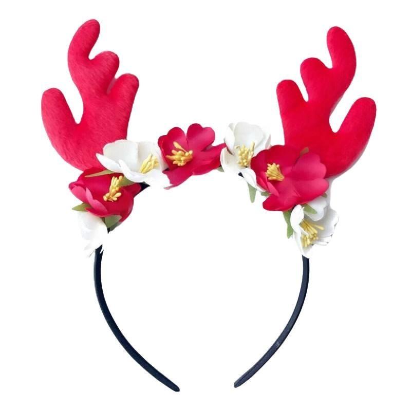 Festive Red Velvet Reindeer Antlers Headband With Floral Design For Girls