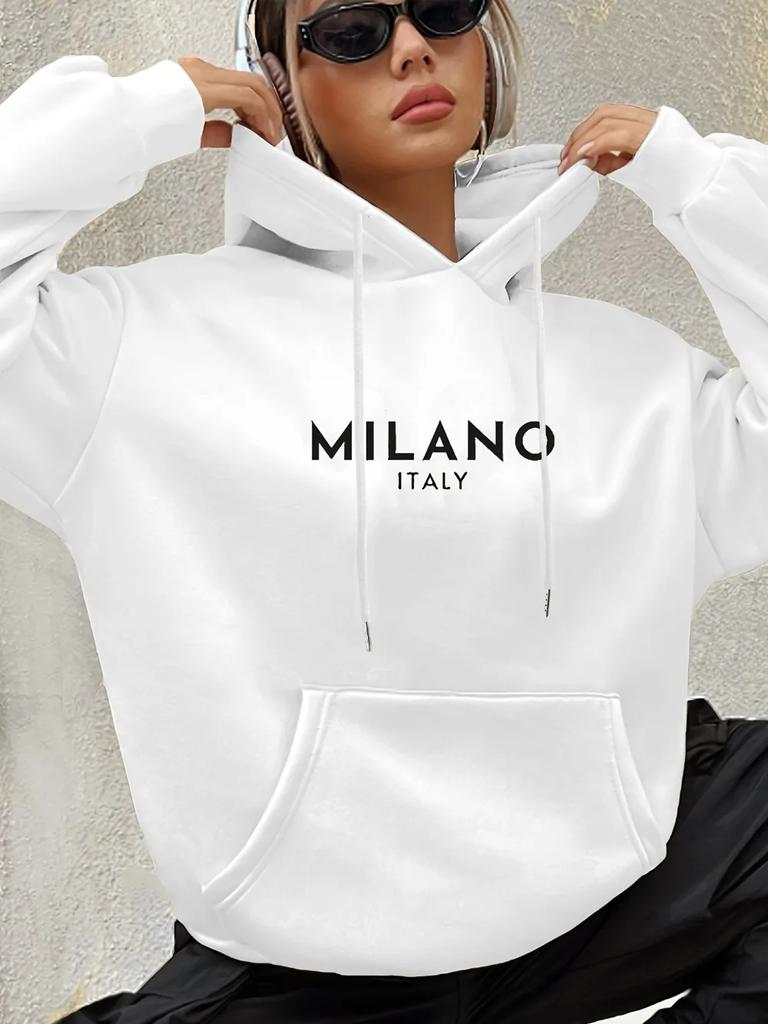 Milano Italy Polyester Hoodie for Women Alphabet Print Casual Long Sleeve Sweatshirt with Pocket Fashionable Hooded Sweatshirt