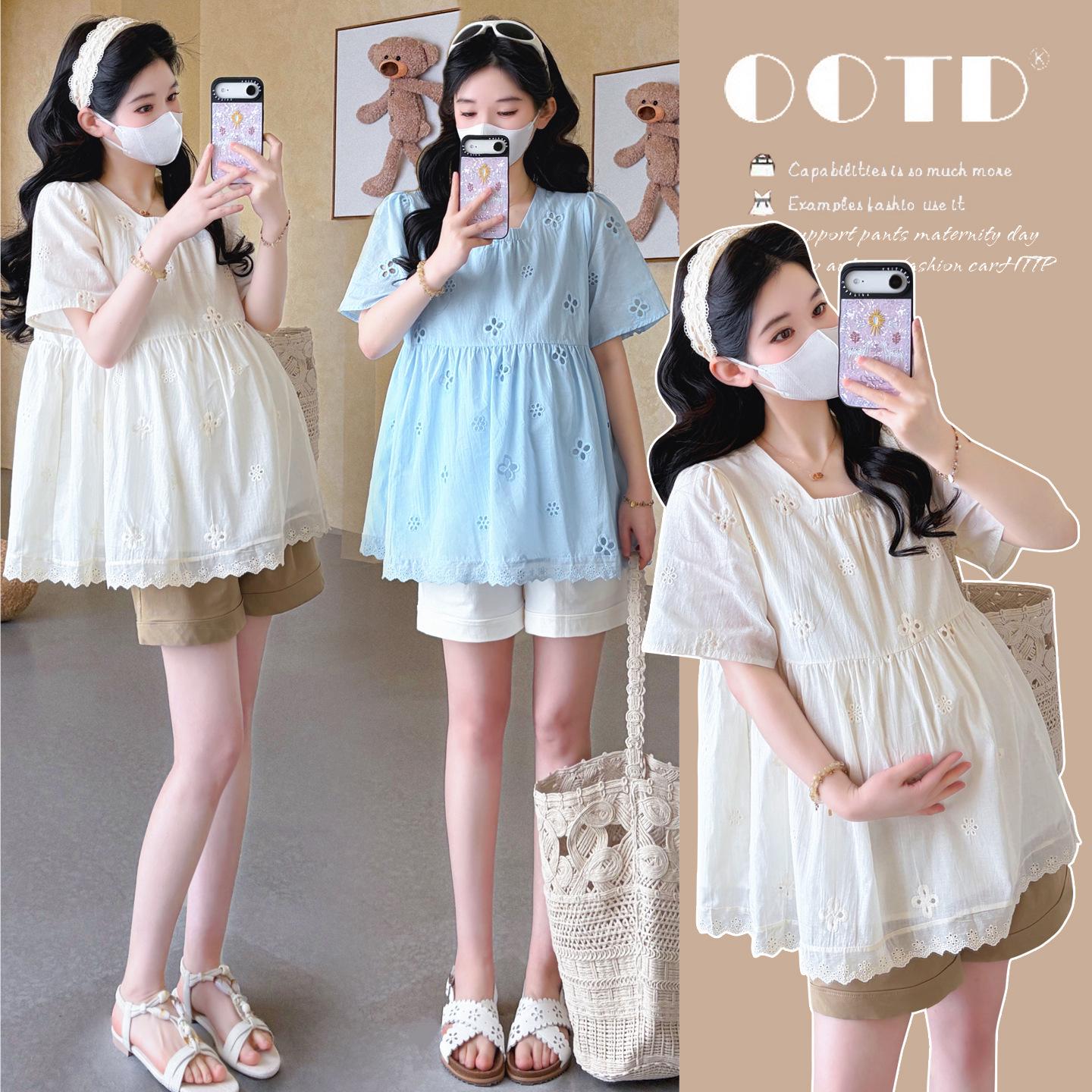 2026 Korean Style Summer Maternity Two-Piece: Embroidered Doll Shirt + Support Shorts L