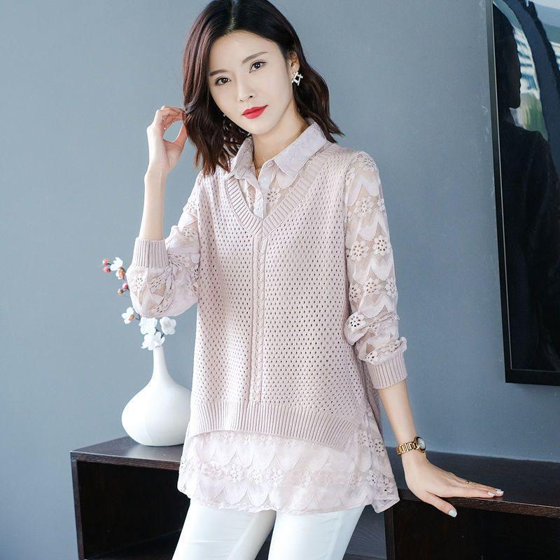 Korean-Style Knit Two-Piece Sweater Vest & Lace Top