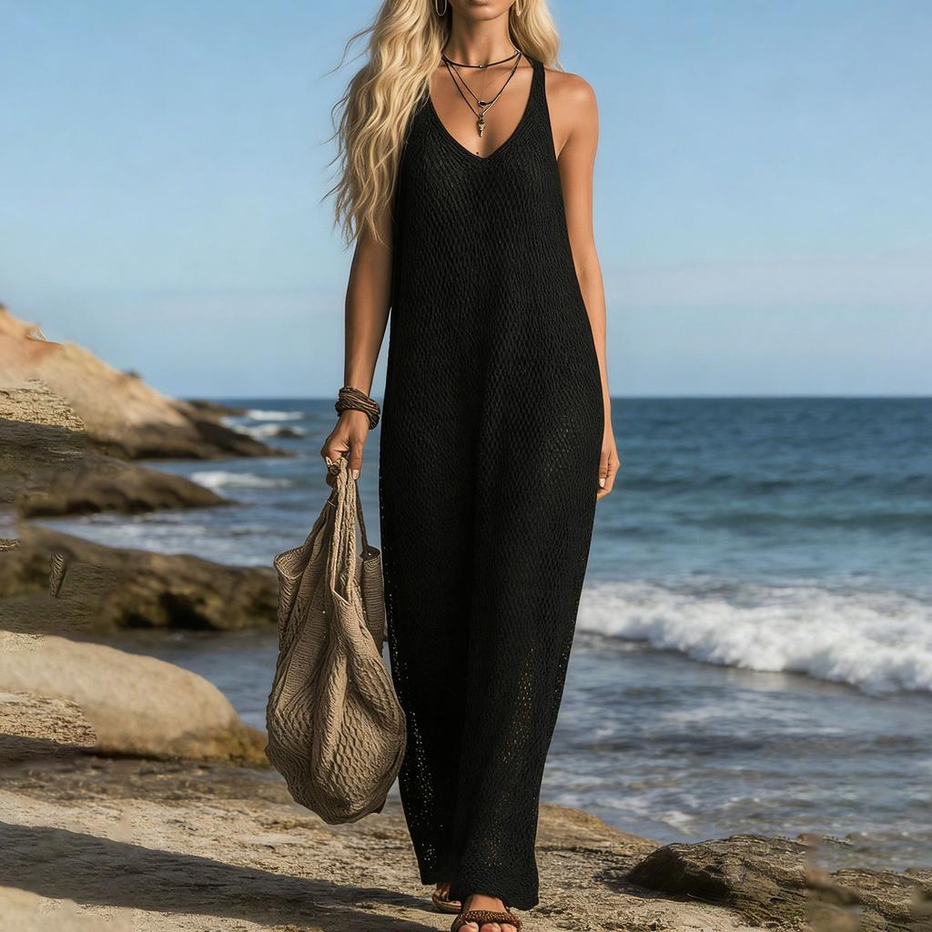 Women's  V Neck Sleeveless Retro Knit Maxi Dress