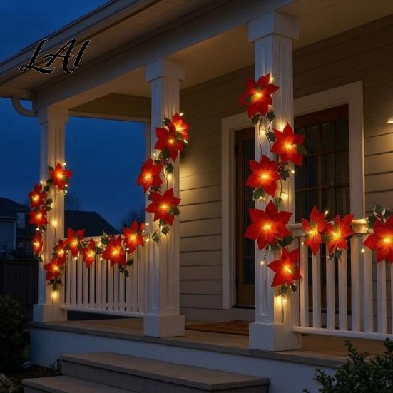 Farmhouse Style Festive Door Decor Christmas Poinsettia Garland with Light 78/118 Inch Lighted Artificial Flower Velvet Wreath String Light