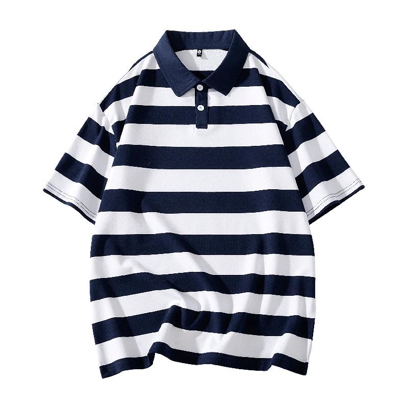 Men and Women Summer Loose Solid Color Couple Hong Kong Style Double Pearl Cotton Short Sleeved T-shirt Polo Collar Shirt