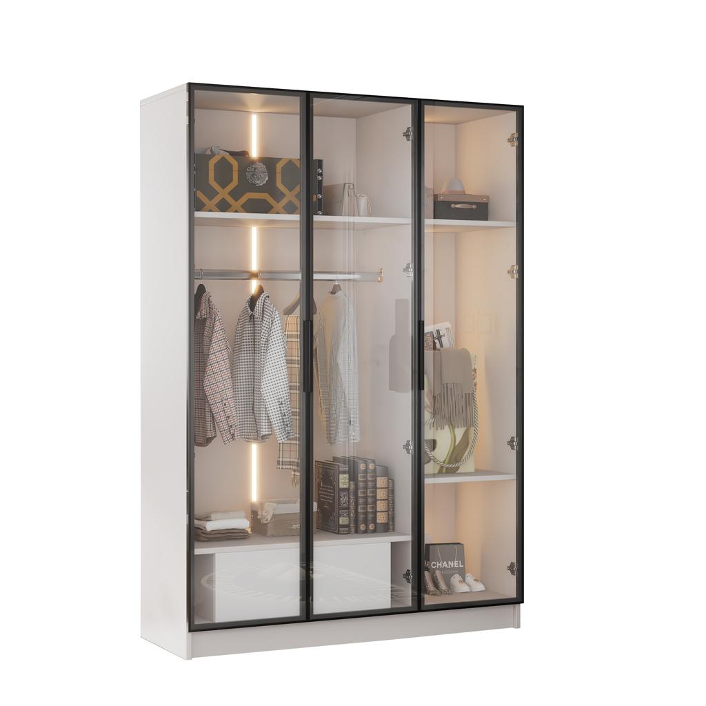Spacious White Wardrobe with 3 Glass Doors, 1 Drawer and 1 Clothes Rail - 110*50*160 Cm - with LED Light