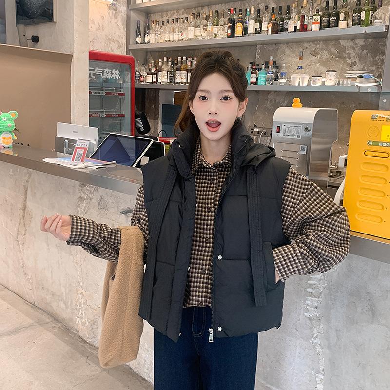 

Осень и зима новый хлопковый жилет женский стиль короткий с капюшоном утолщенный без рукавов хлопковый жилет жилет куртка модный M чёрный