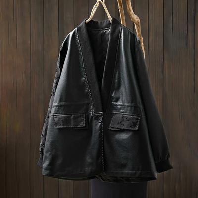 Manteaux en Cuir pour Femmes Veste PU Coupe-vent Réversible Ample Décontracté Haut Veste Noire