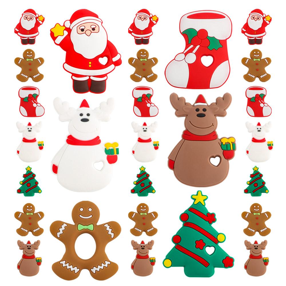 2/5pcs Christmas Series Silicone Beads Santa Reindeer Cookies Snowman DIY Pacifier Chain Jewelry Making Bulk DIY Crafts