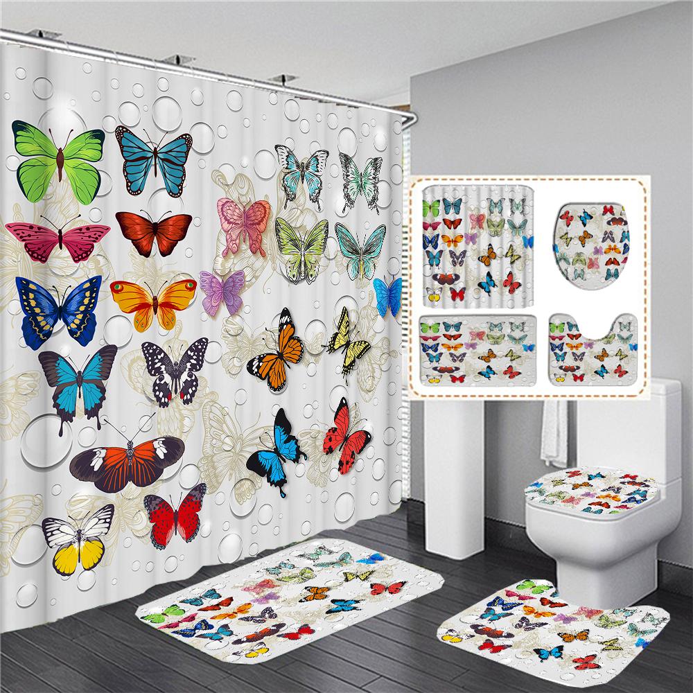 3D Flower Shower Curtain Set Bath Mats Rugs Sunflower Bathroom Sets Bathtub Curtains With Hooks Non-Slip Carpet Toilet Lid Cover