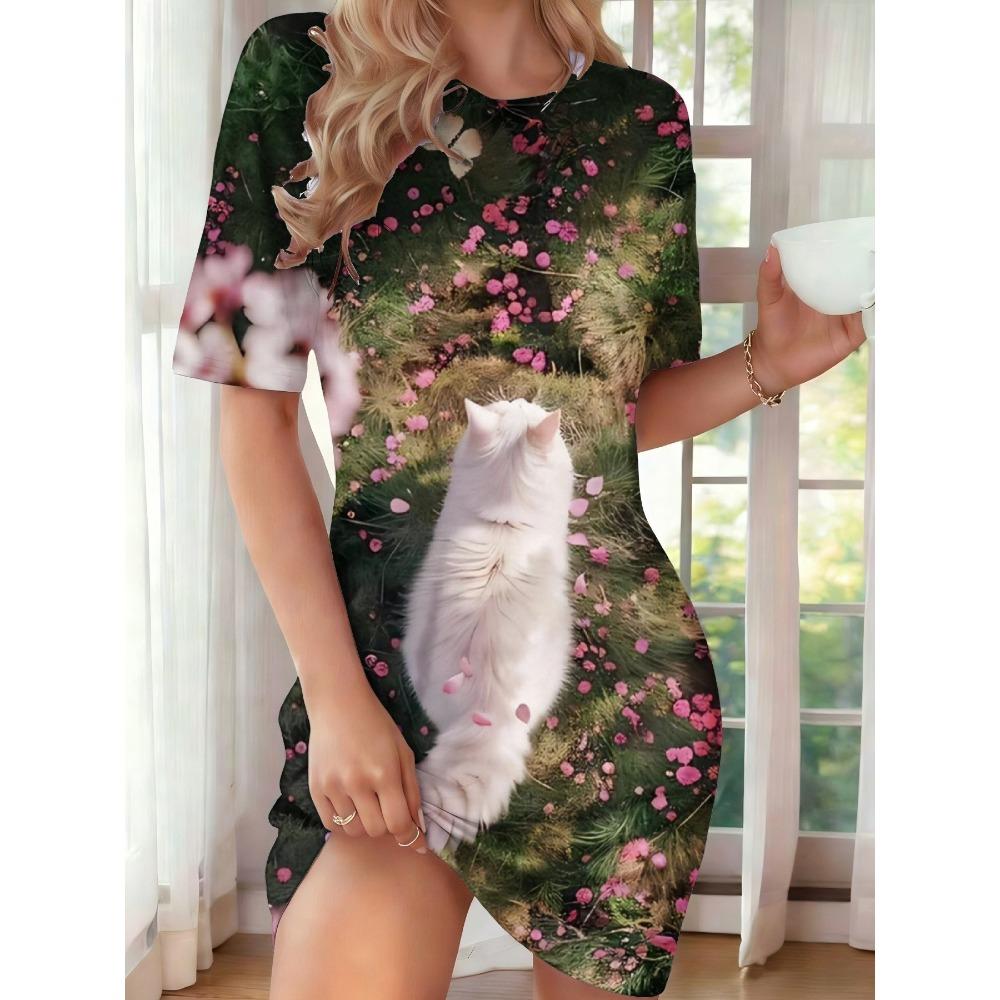 Summer Women’s Fashion Elegant Dress Flower 3D Printed Dress Loose Breathable Soft Plus-size Casual Vacation Crew Neck Short-sleeve Dress