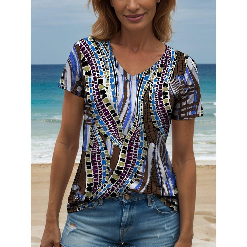 Summer Gradient Graphic Blouse V-neck Fashion Women's Retro Clothing Floral Print T-shirt Loose T-shirt