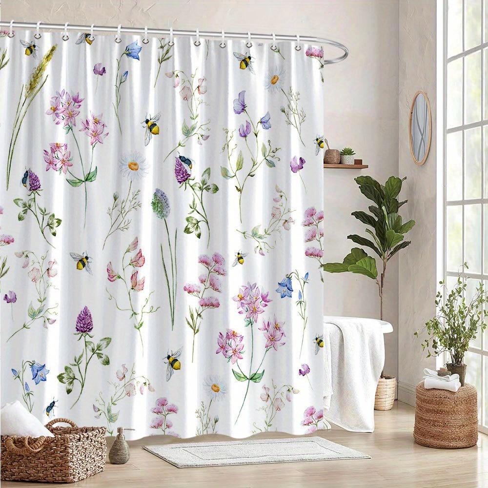 1 Watercolor Floral Shower Curtain With Lavender, Pink And Purple Flowers, Bees And Butterflies, With Hooks, Machine Washable