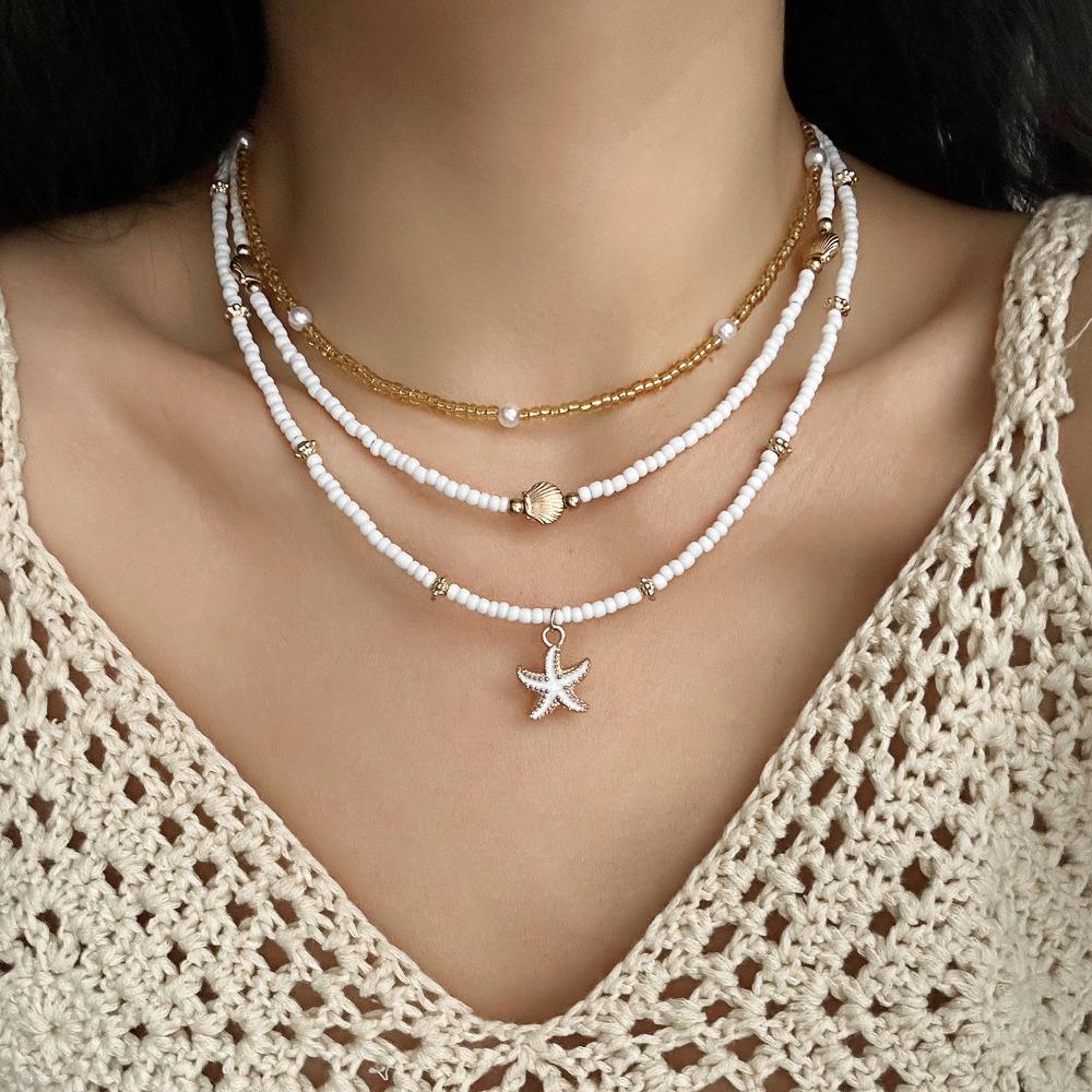 3pcs Bead Shell Multilayer Necklace Stacked Shell Clavicle Necklace Clavicle Chain Women  Summer