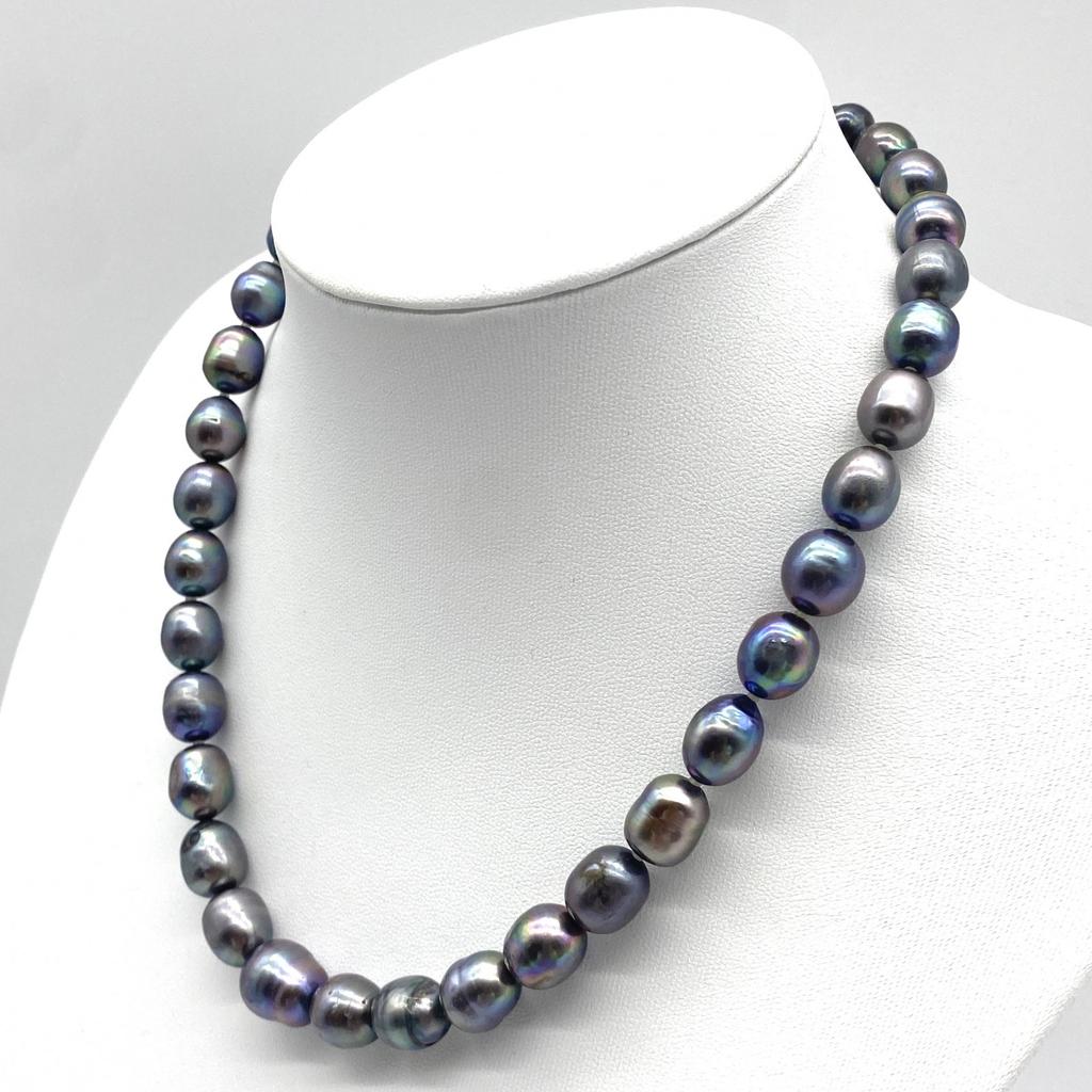 High-Quality Black Necklace Baroque Pearl Natural Jewelry Semi-Round Peacock Luster Approx 47cm 10.0mm–12.5mm 65.4g Silver Clasps