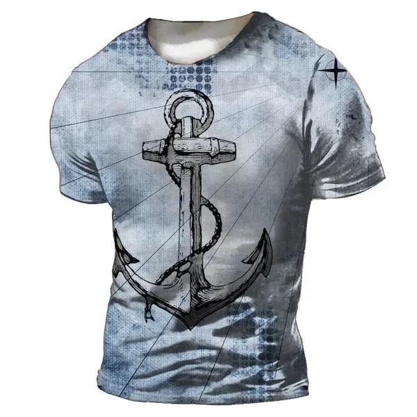 Summer Round Neck Vintage Compass Pattern 3D Print Top Fashionable Casual Short Sleeved Men's T-shirts