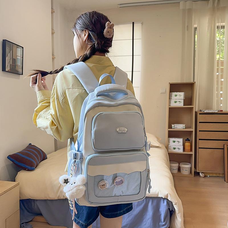 College Style Contrasting Colors Transparent Badge Student Schoolbag Large Capacity Junior High School Student Backpack
