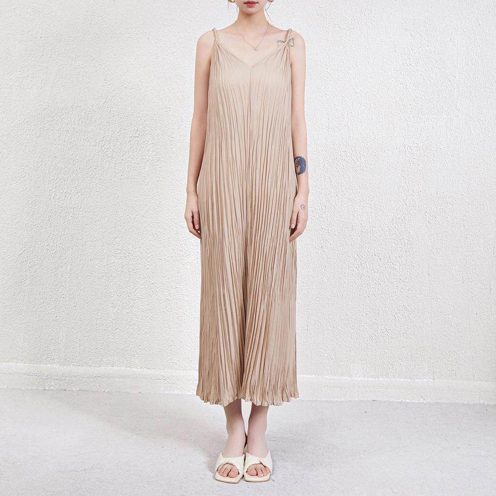 Summer French Sleeveless Pleated Spaghetti Strap Maxi Dress
