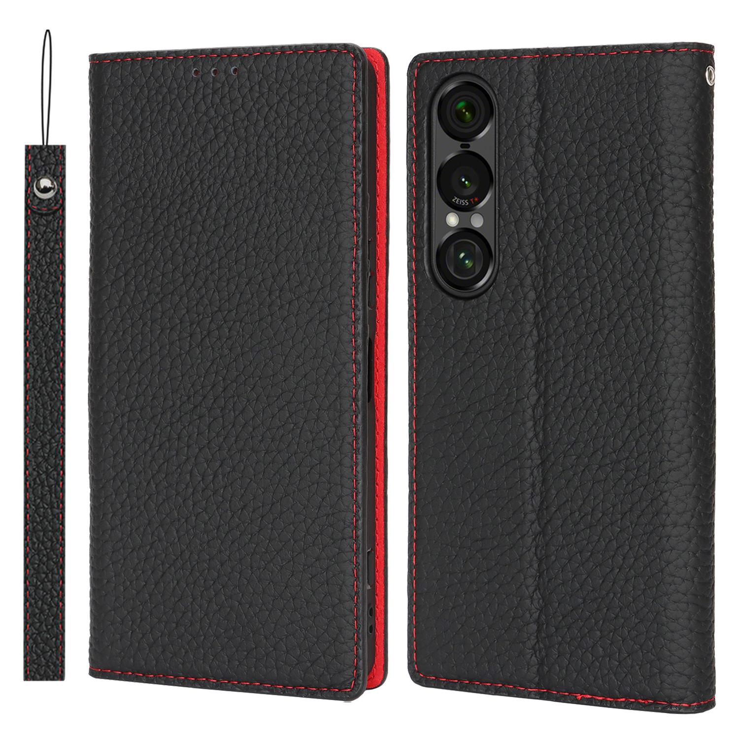 

Для Sony Xperia 1 VII Чехол-кошелек Натуральная коровья кожа Чехол для телефона Текстура личи Black