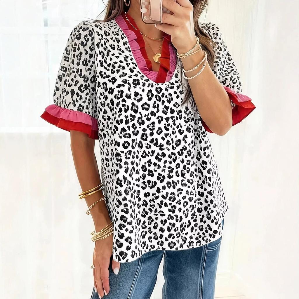 Women's V Neck Short Sleeve Blouse Loose Fit Streetwear Top Leopard Print Chiffon Shirt
