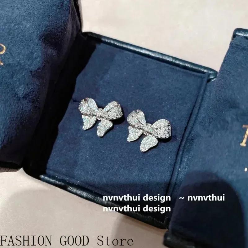 Micro-inlaid zircon earrings bow small and versatile earrings for women Europe and America