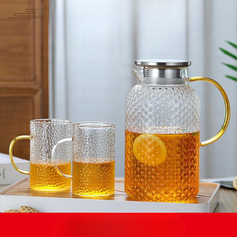 Rice Grain Pattern Glass Cold Water Kettle High Borosilicate Glass Summer Juice Pot Large Capacity Cold Water Kettle Set