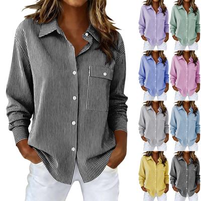 Chemise boutonnée à manches longues pour femme Motif rayé décontracté Col Blouse Tissu léger Convient pour le printemps et l'automne