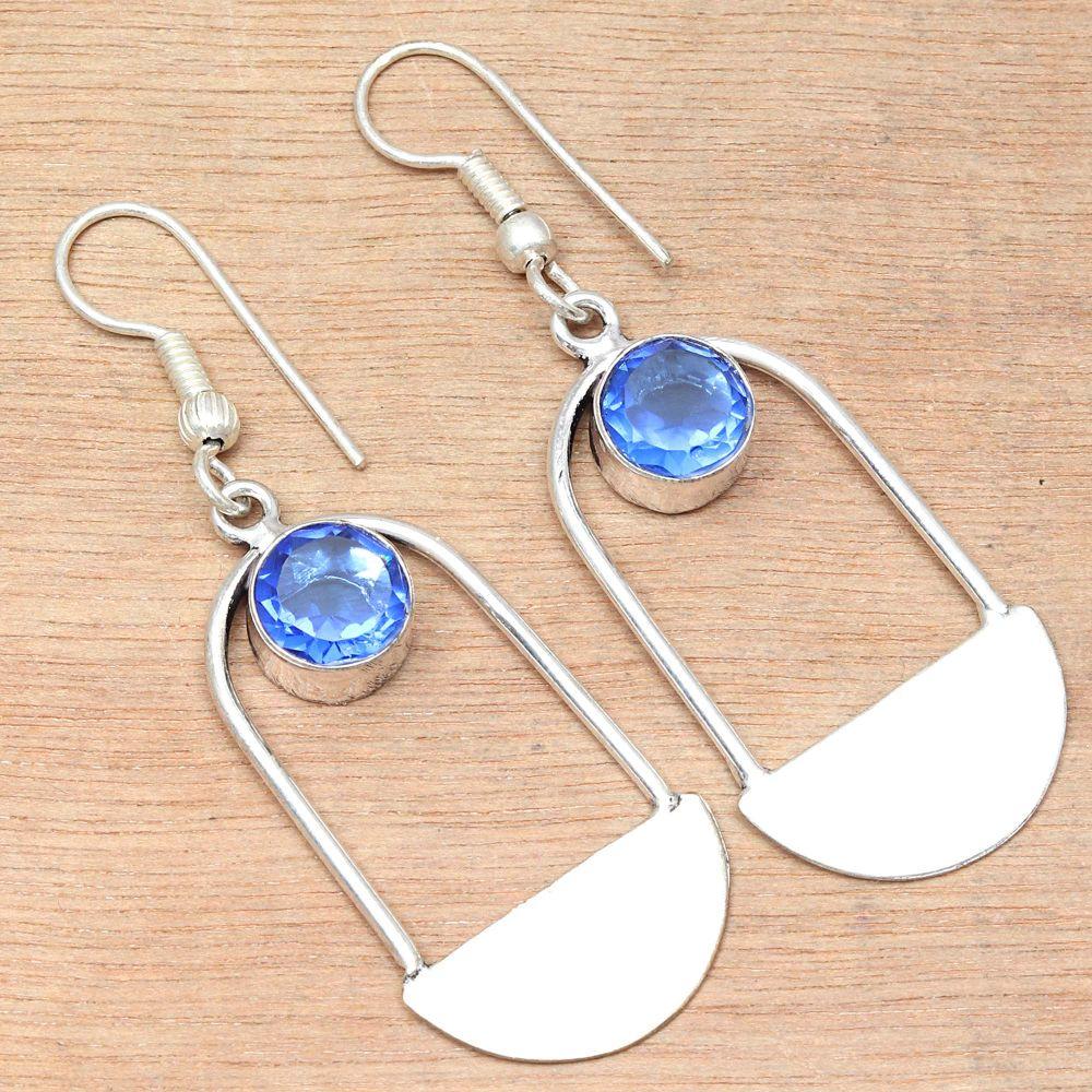 Tansanit-Quarz-Edelstein, handgefertigte Silberschmuck-Ohrringe, 3,8 cm
