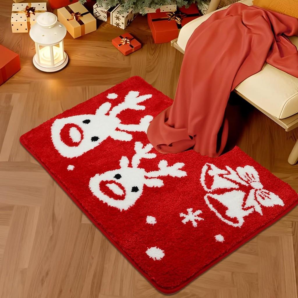 

Luxurious Christmas Faux Cashmere Bath Mat Soft Non-slip Rug For Living Room Bedroom Reindeer