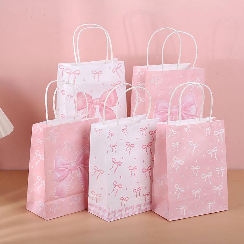 5/10/20Pcs Pink Bow Gift Bags Paper Candy Snack Treat Bag Kids Girls Birthday Party Supplies Baby Shower Decoration Gift Packing