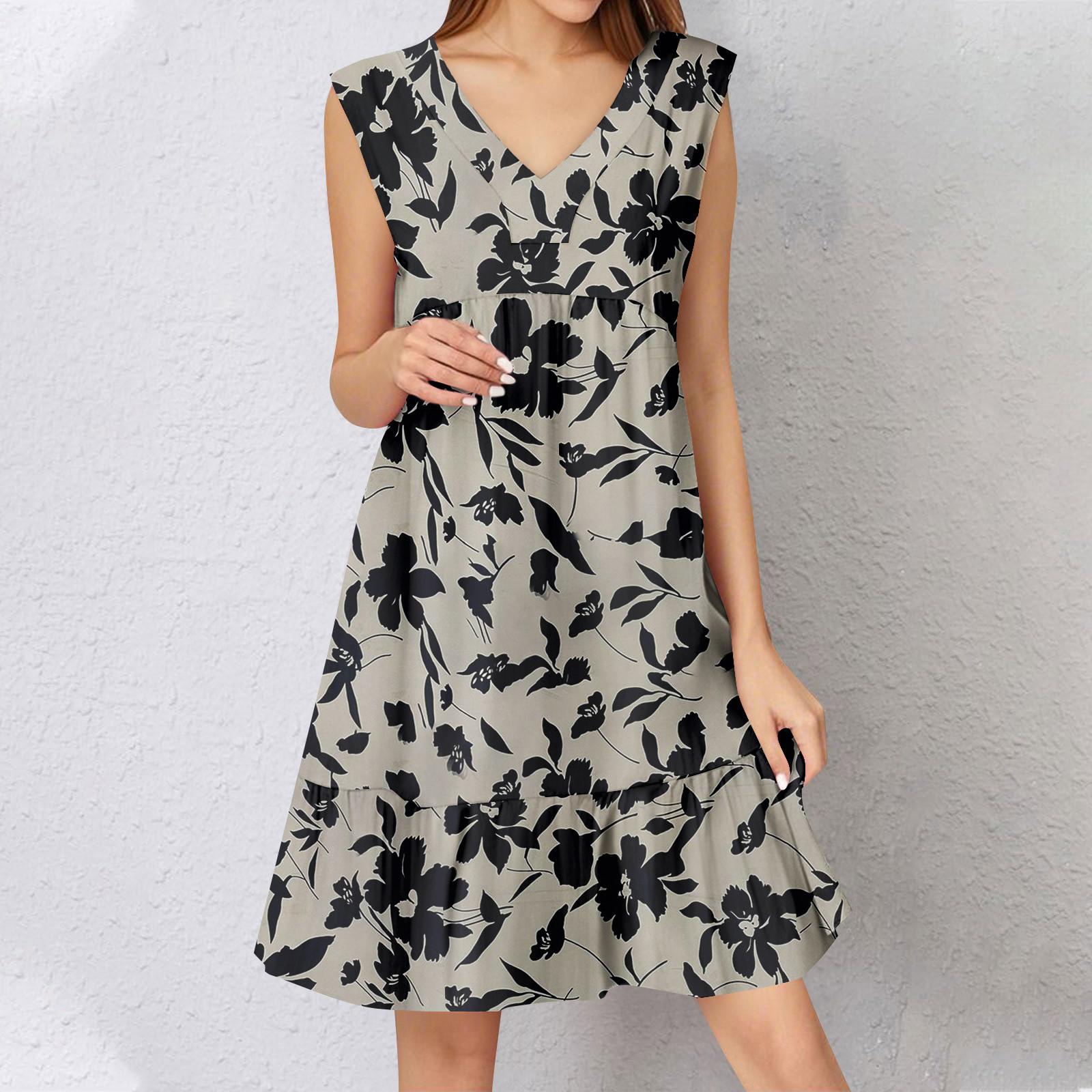 Женское летнее платье без рукавов с V-образным вырезом и принтом, короткие платья, модное повседневное струящееся бохо-платье с оборками, свободное платье-сарафан M