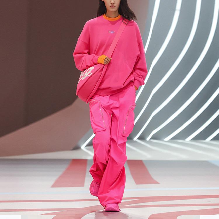 Li Ning Logo Print Round Neck Loose Thin Sports Long Sleeve Sweatshirt Women Sweatshirt Fluorescent-Pink AWDTC92-3