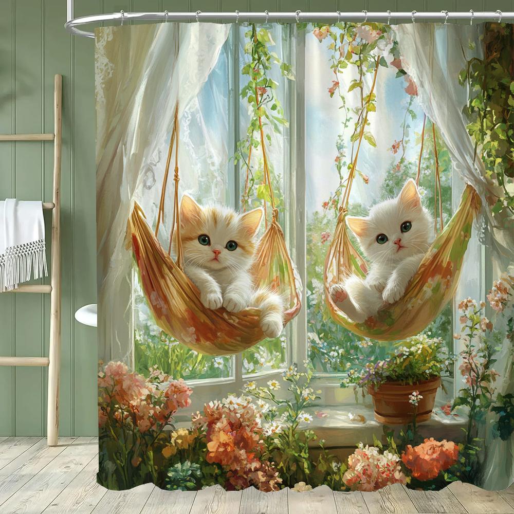 1pc Cute Cat Shower Curtain,Modern Printed Cartoon Animal Dog Bathroom Curtain,Home Polyester Decoration Curtain With Hooks