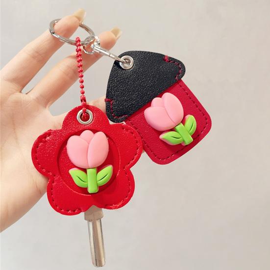 2Pcs Elegant Tulip Key Holder Faux Leather House Shape Keychain