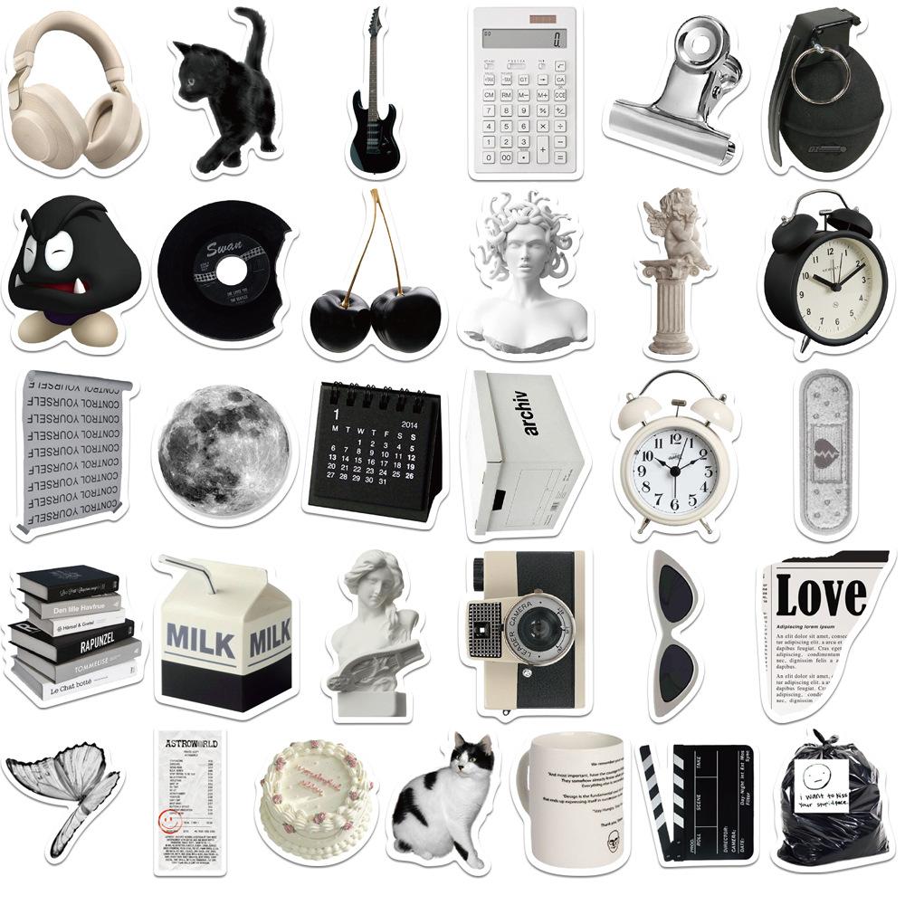 61Pcs Black White Simple Style Graffiti Sticker Car Guitar Suitcase Laptop Decal