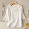 2024 Women's Retro Embroidered Cotton-Linen Three-Quarter Sleeve T-Shirt