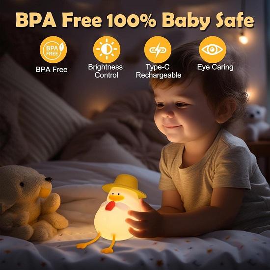 Cute Silicone Fluorescent Duck Night Light for Kids,USB Rechargeable 3 Step Dimmable Night Gift