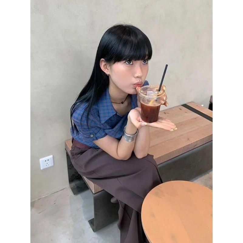 Y2k estetické vintage kostkované Harajuku košile letní jednořadé dámské ležérní halenky japonské štíhlé streetwear blůzy de mujer