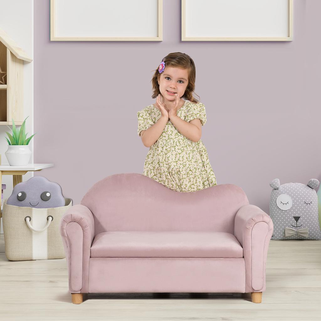 Children's Sofa, Two-Seater for Children 3-5 Years, Storage Space, Natural Wood Frame, 84 x 41.5 x 48.5cm, Pink