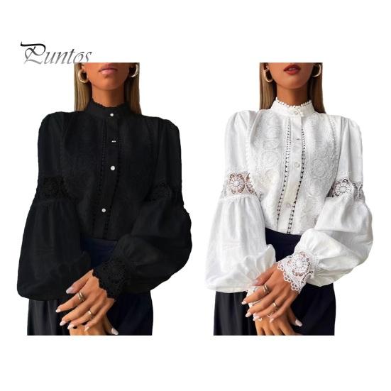 Stehkragen Bluse Damen Stickerei Spitze Hemd, Herbst Laternenärmel Bluse, Hemden Normale Passform Einfarbige Knopfleiste Lässig Formell Oberteil Polyester