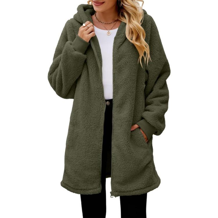 Fashionable Plush Jacket for Women Loose Hooded Zipper Coat Solid Color Long Sleeved Pocket