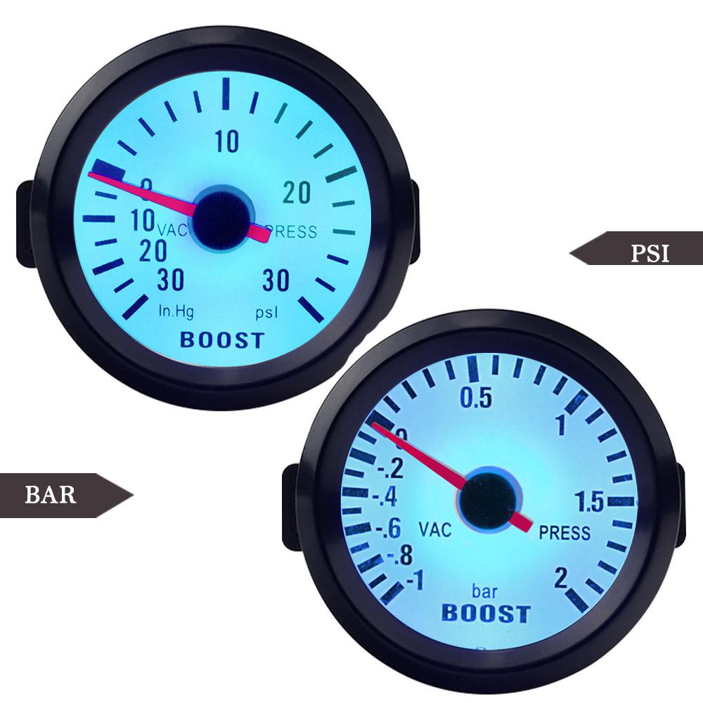 Car Gauge 52mm 2 Inch Turbo Boost Gauge -1~2 Bar / Vacuum Pressure Meter -30~30 PSI for Auto Blue Light Black Rim 12V
