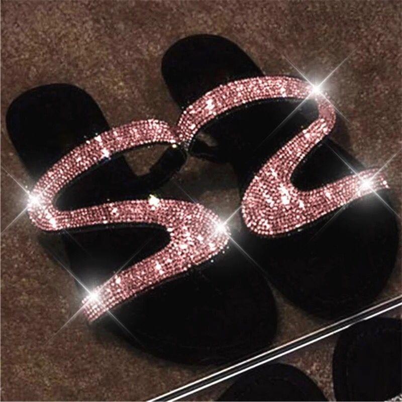 Wish large size rhinestone toe flat bottom cool slippers women's 20 summer new outer slippers