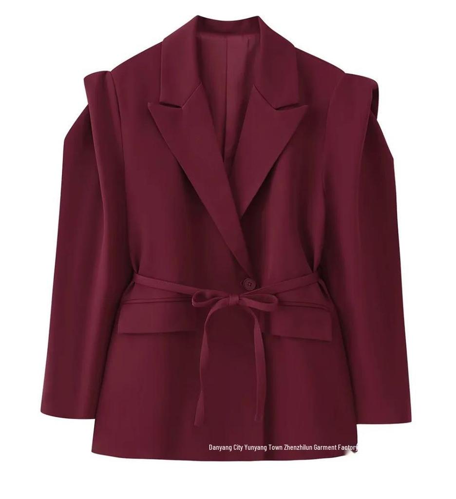European & American Women's Fashion Commuter Waist-Tie Shoulder Pad Blazer